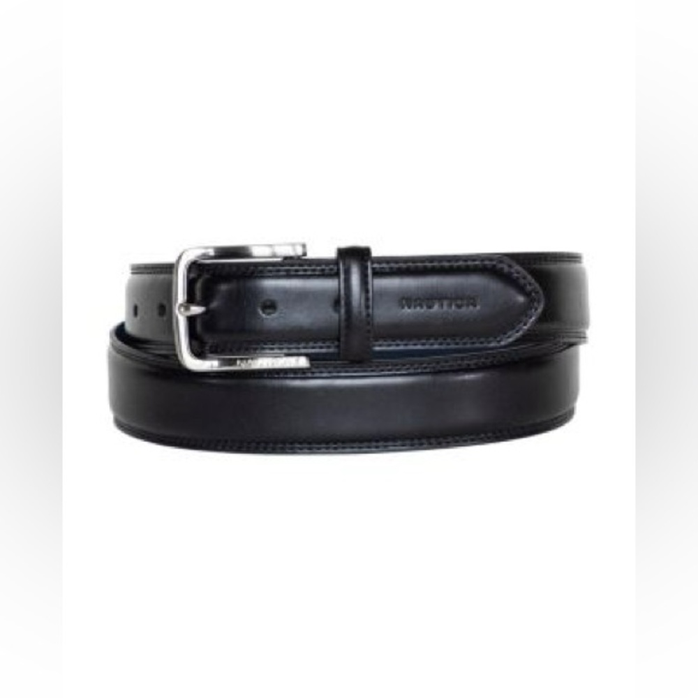 Nautica Men's Inlay Logo Signature Double Stitch Leather Belt- Size 40